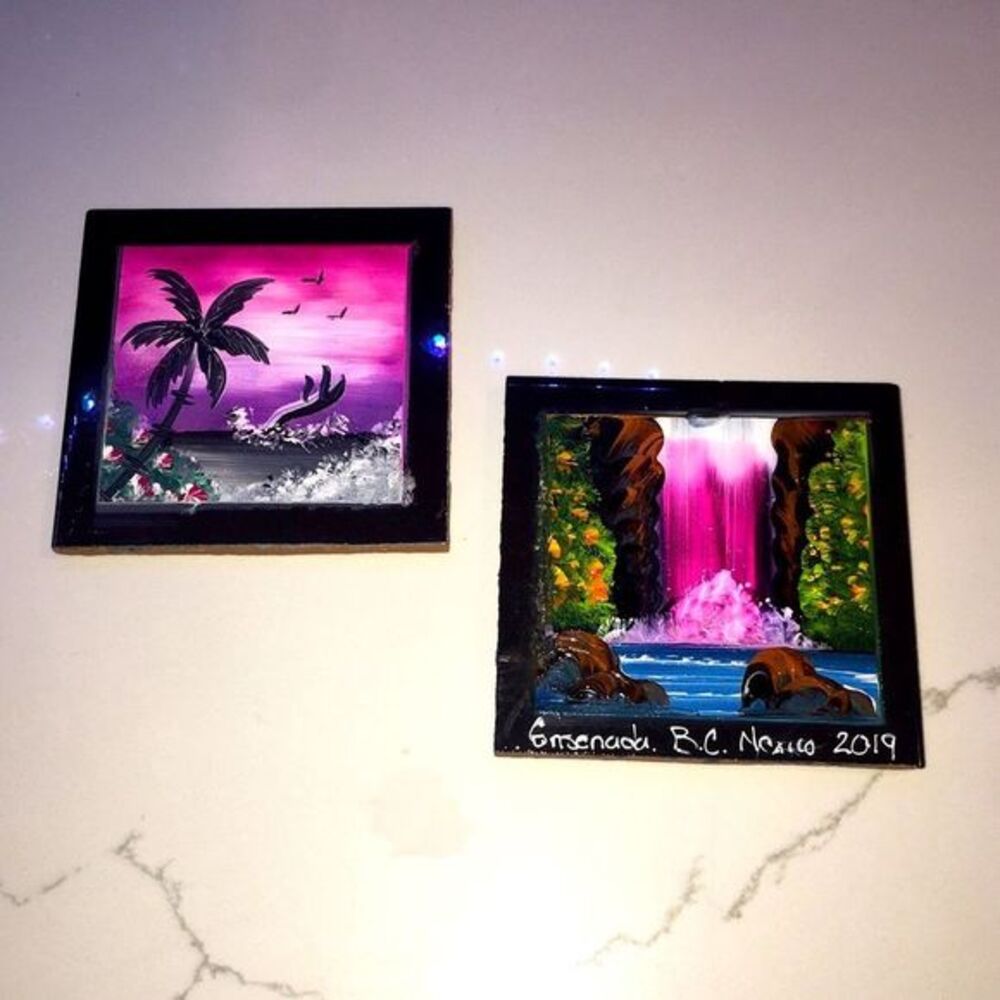 Hand Painted Colorful Coaster Set Of 2 Pink Purple Black